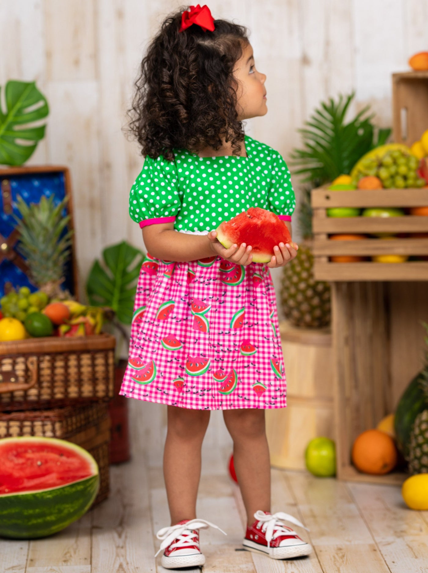 Toddlers Spring Dresses | Girls Watermelon Polka Dot Checkered Dress