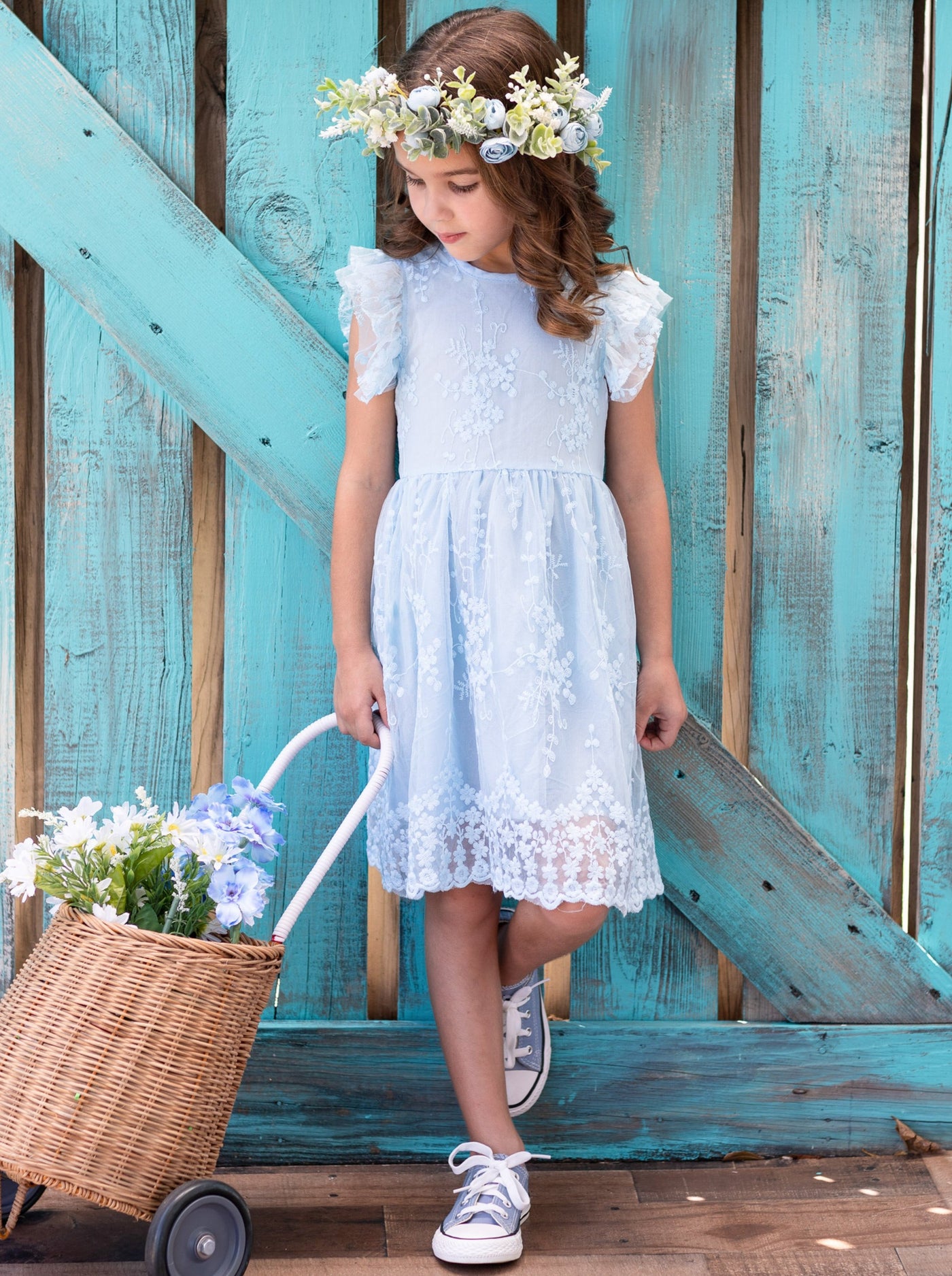 girls light blue lace summer dress with capped sleeves