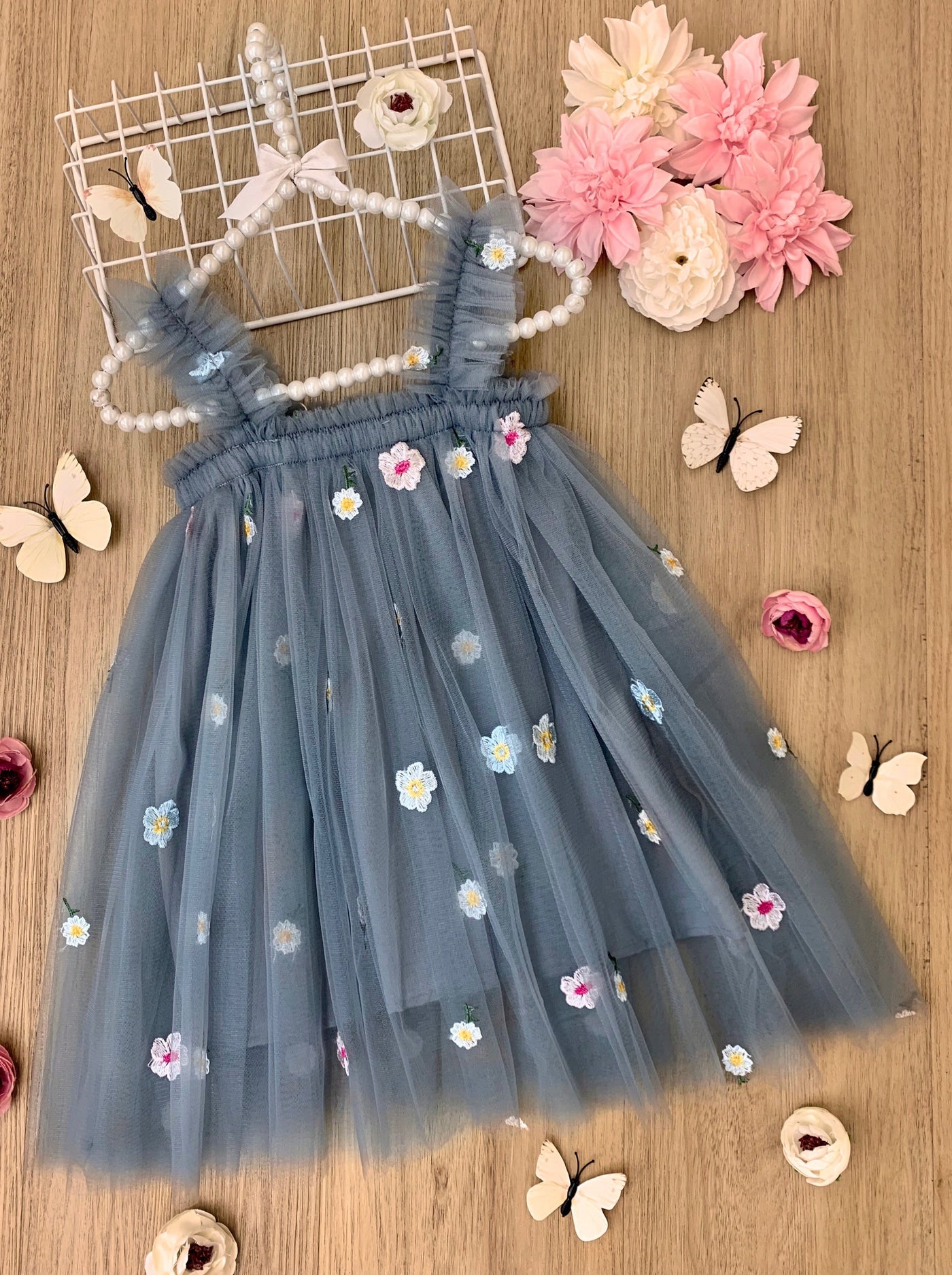 Girls grey dress features racerback sleeveless straps, multiple tulle layers with flower appliques 2T-10Y for toddlers and girls 