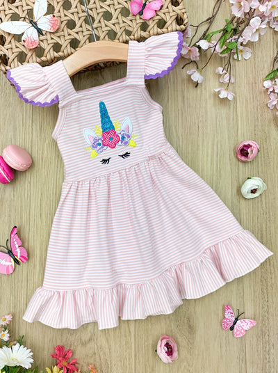 Girls striped dress with ruffled shoulders with unicorn applique and ruffled hem spring 2T-10Y
