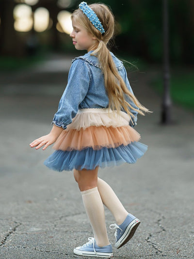 Toddlers Denim Blouse & Tiered Tutu Skirt Set - Girls Fall Casual Set - Mia Belle Girls