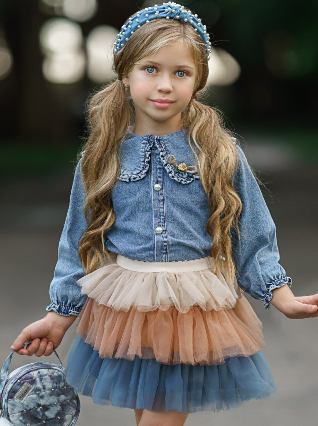 Toddlers Denim Blouse & Tiered Tutu Skirt Set - Girls Fall Casual Set - Mia Belle Girls