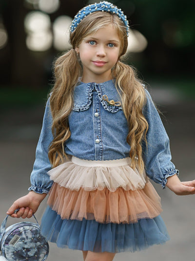 Toddlers Denim Blouse & Tiered Tutu Skirt Set - Mia Belle Girls