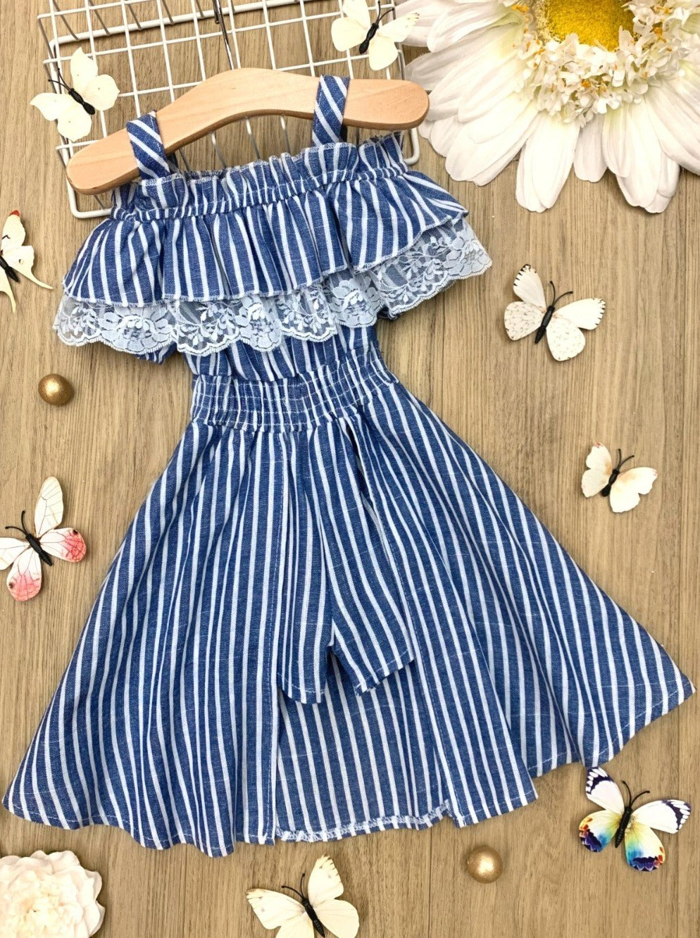 Girls Spring Outfits | Blue Pinstriped Cold Shoulder Lace Romper Dress ...