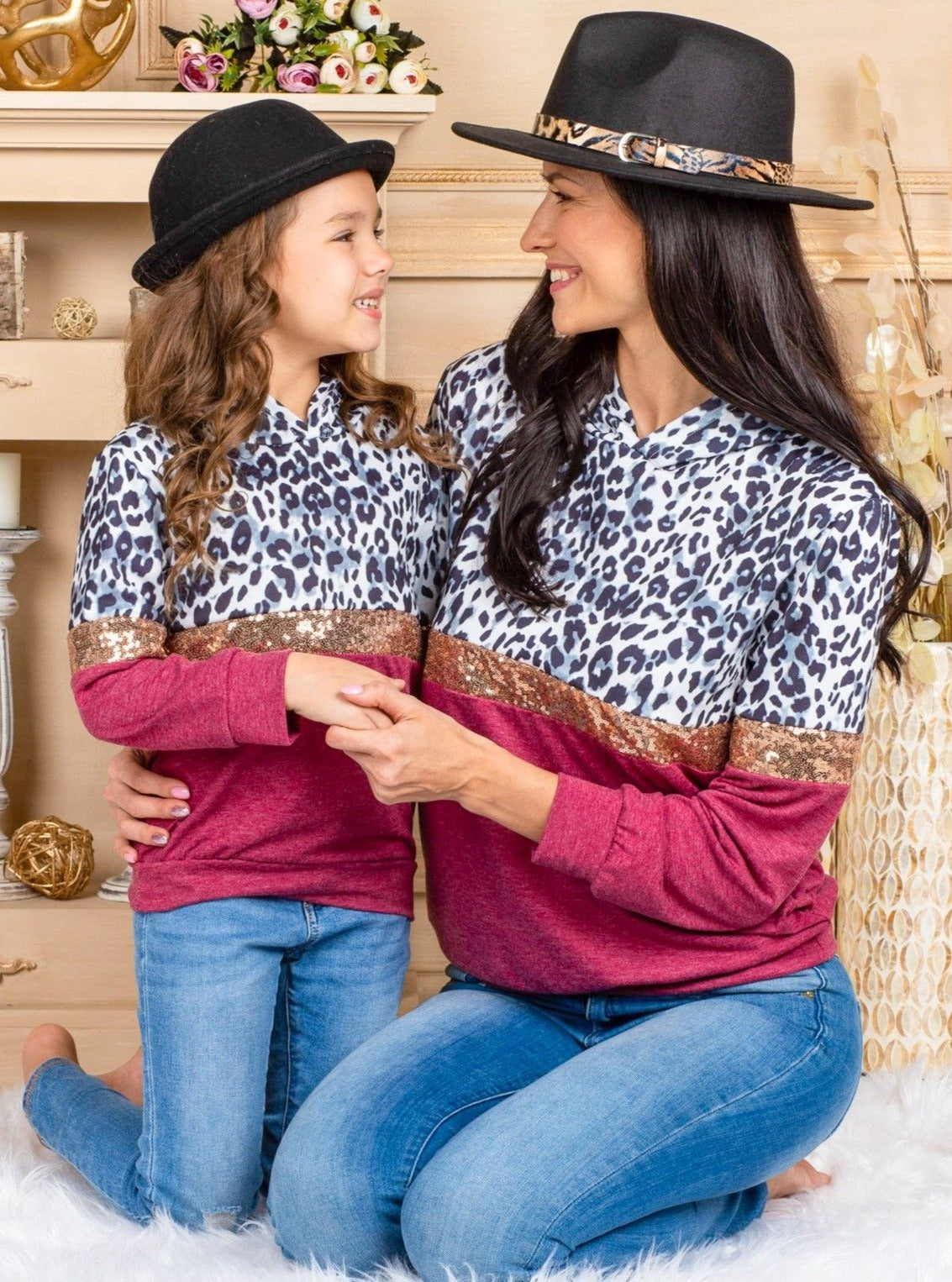 Mommy & Me Cute Tops | Colorblock Animal Print Sequin Hooded Tops