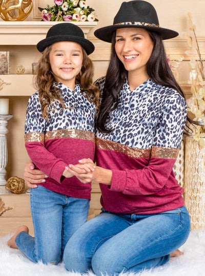 Mommy & Me Cute Tops | Colorblock Animal Print Sequin Hooded Tops