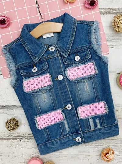 Kids Denim Clothes | Pink Sequin Patch Denim Vest | Mia Belle Girls