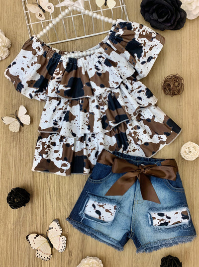 Toddler Spring Outfits | Girls Cow Print Ruffle Top & Denim Shorts Set