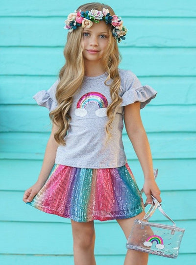 Girls Spring Outfits | Rainbows & Clouds Top & Sequin Skirt Set
