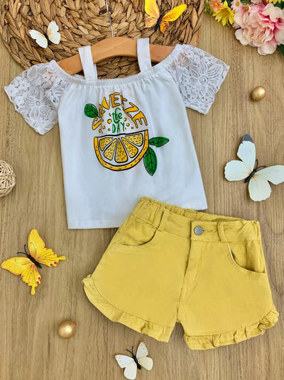 Girls Spring Outfits | White Lace Lemon Top & Yellow Denim Shorts Set
