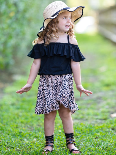 Girls Spring Black Cold Shoulder Top & Leopard Print Wrap Skirt Set