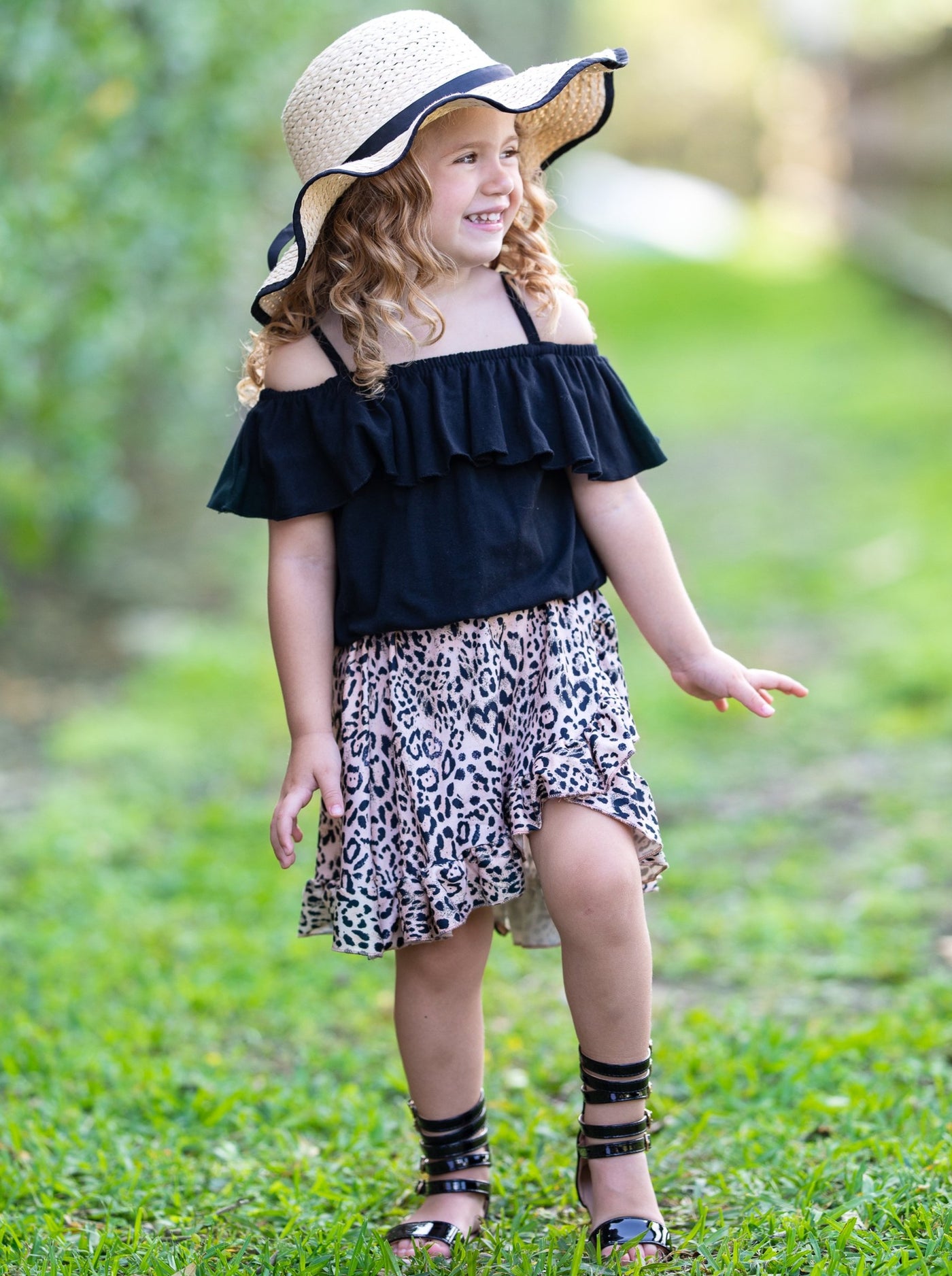 Girls Spring Black Cold Shoulder Top & Leopard Print Wrap Skirt Set