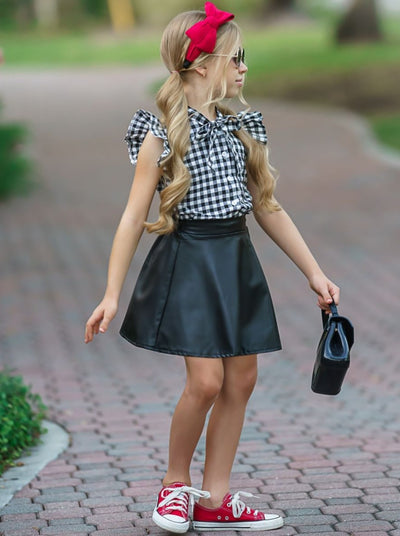 Girls Ultra Chic Plaid Top and Vegan Leather Skirt Set