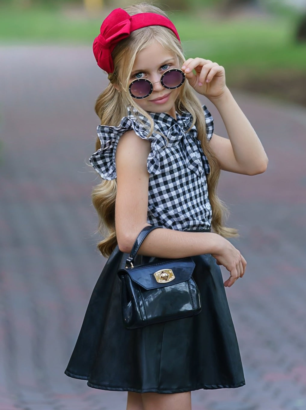 Girls Ultra Chic Plaid Top and Vegan Leather Skirt Set