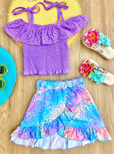 girls spring Lilac top with oversized bib and adjustable straps and a pastel ombre animal printed wrap style skirt 2T-10Y