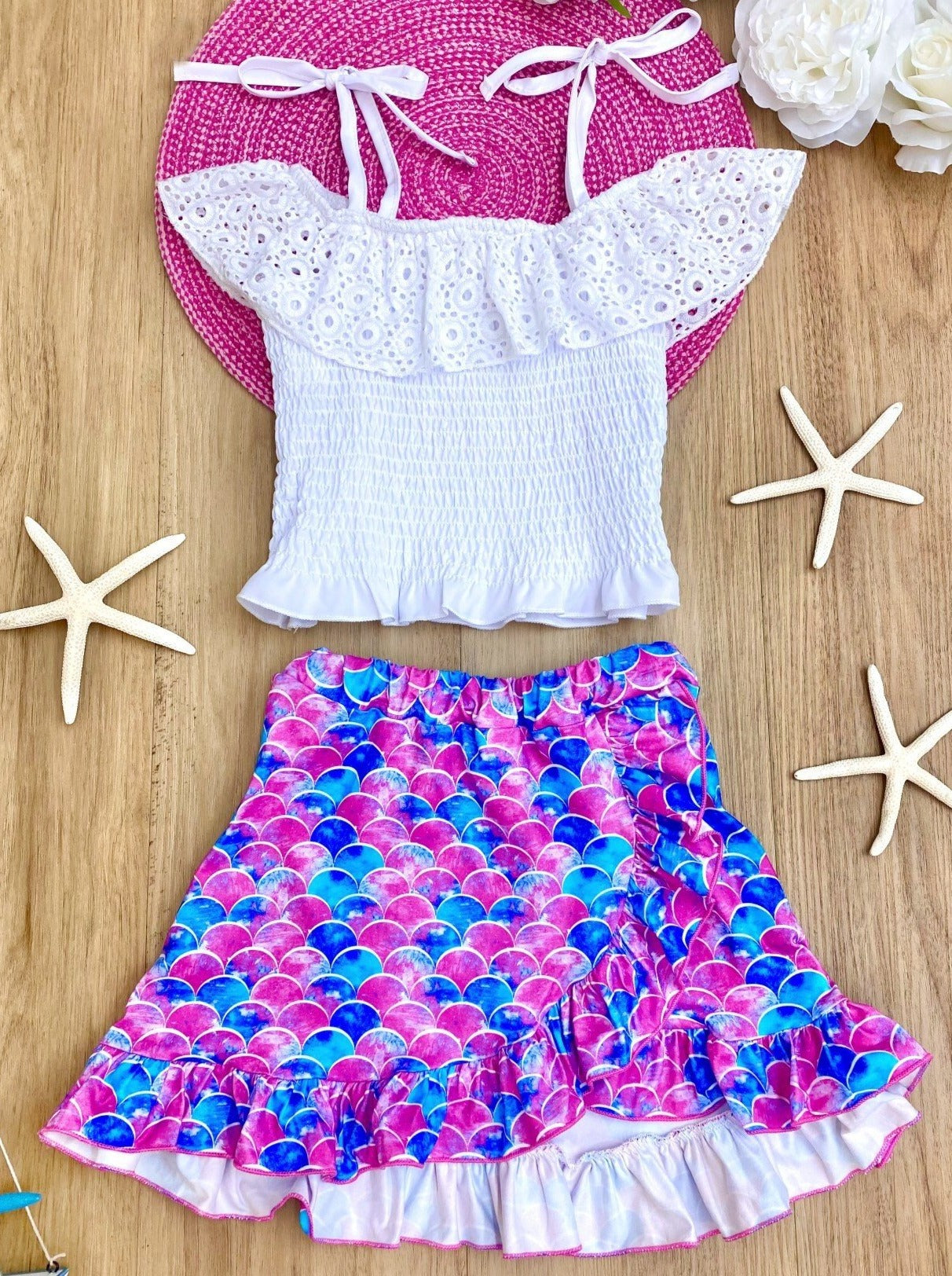 Toddler Spring Outfits | Girls Mermaid Smocked Top & Wrap Skirt Set