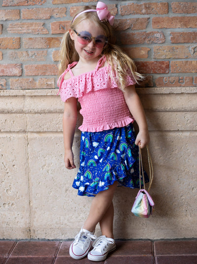 Kids Spring Clothes | Girls Pink Smocked Top & Rainbow Skirt Set