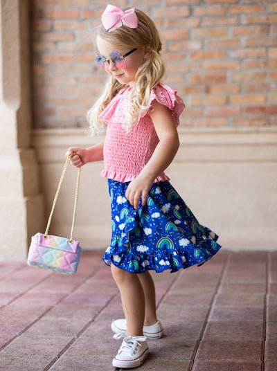 Kids Spring Clothes | Girls Pink Smocked Top & Rainbow Skirt Set