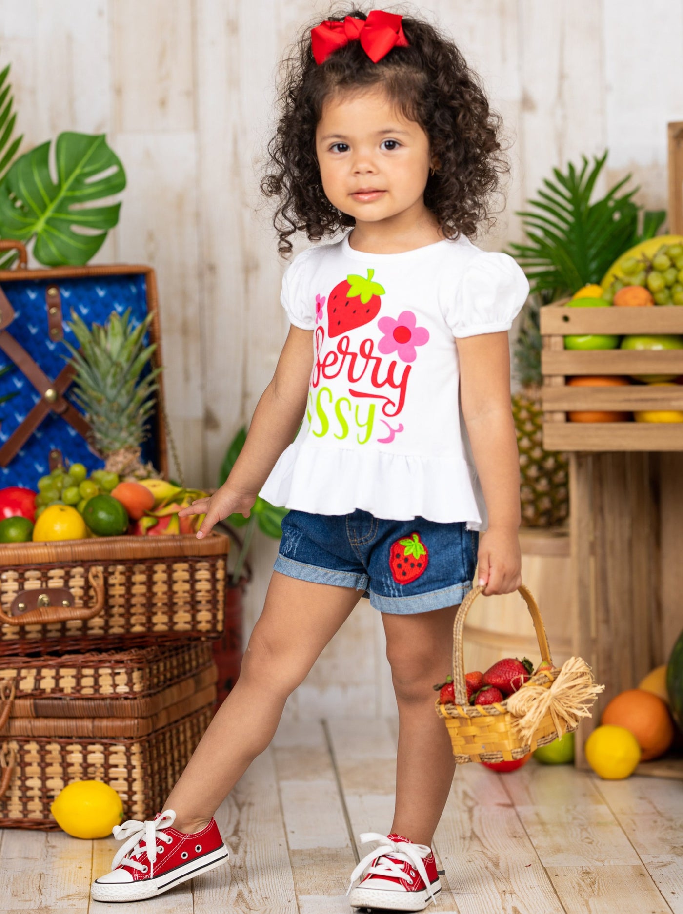 Girls Spring Outfits | Berry Sassy Graphic Tee & Denim Shorts Set