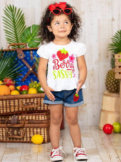 Girls Spring Outfits | Berry Sassy Graphic Tee & Denim Shorts Set