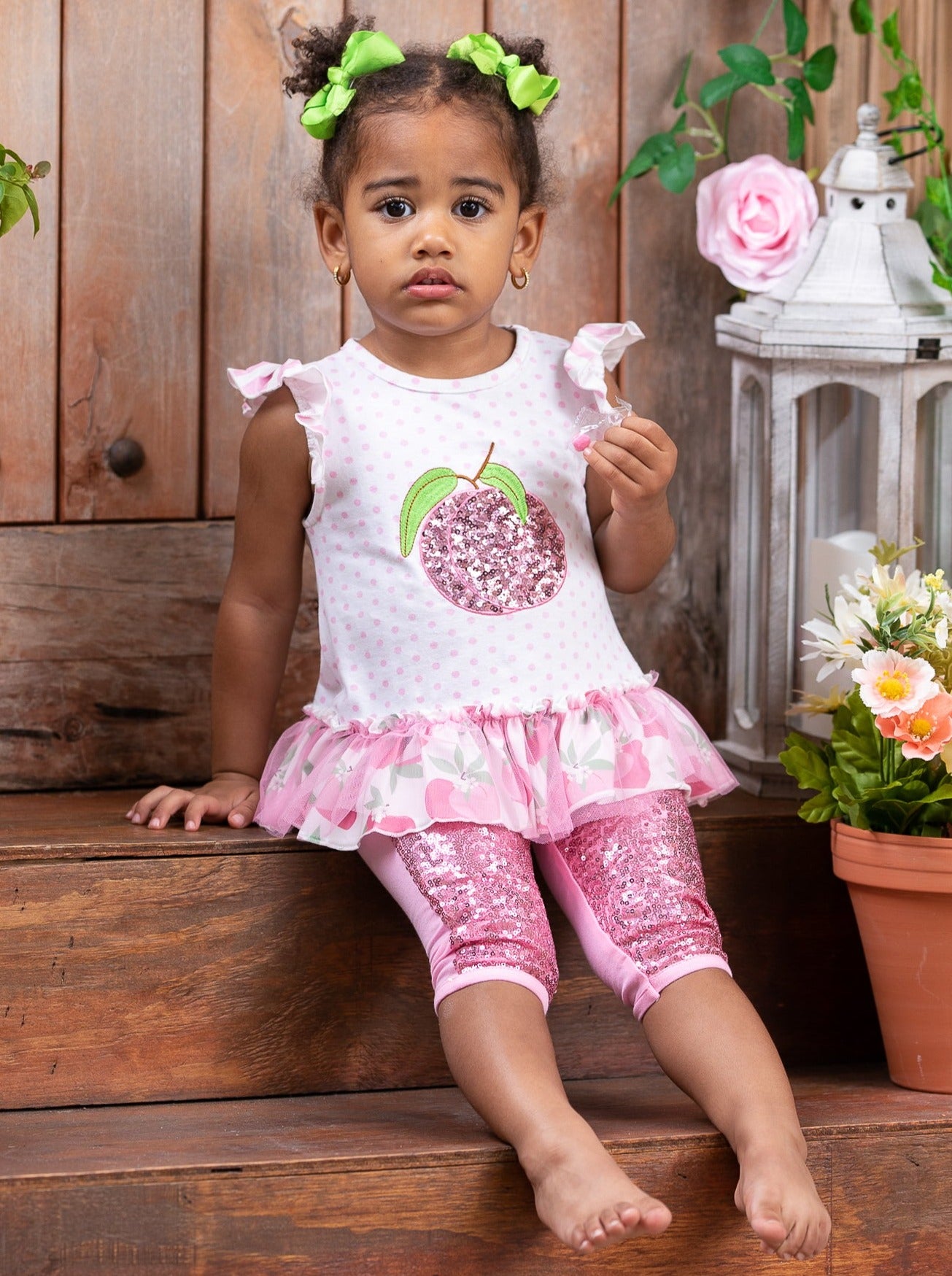 Girls Spring Outfits | Sequin Peach Polka Dot Top & Capris Legging Set