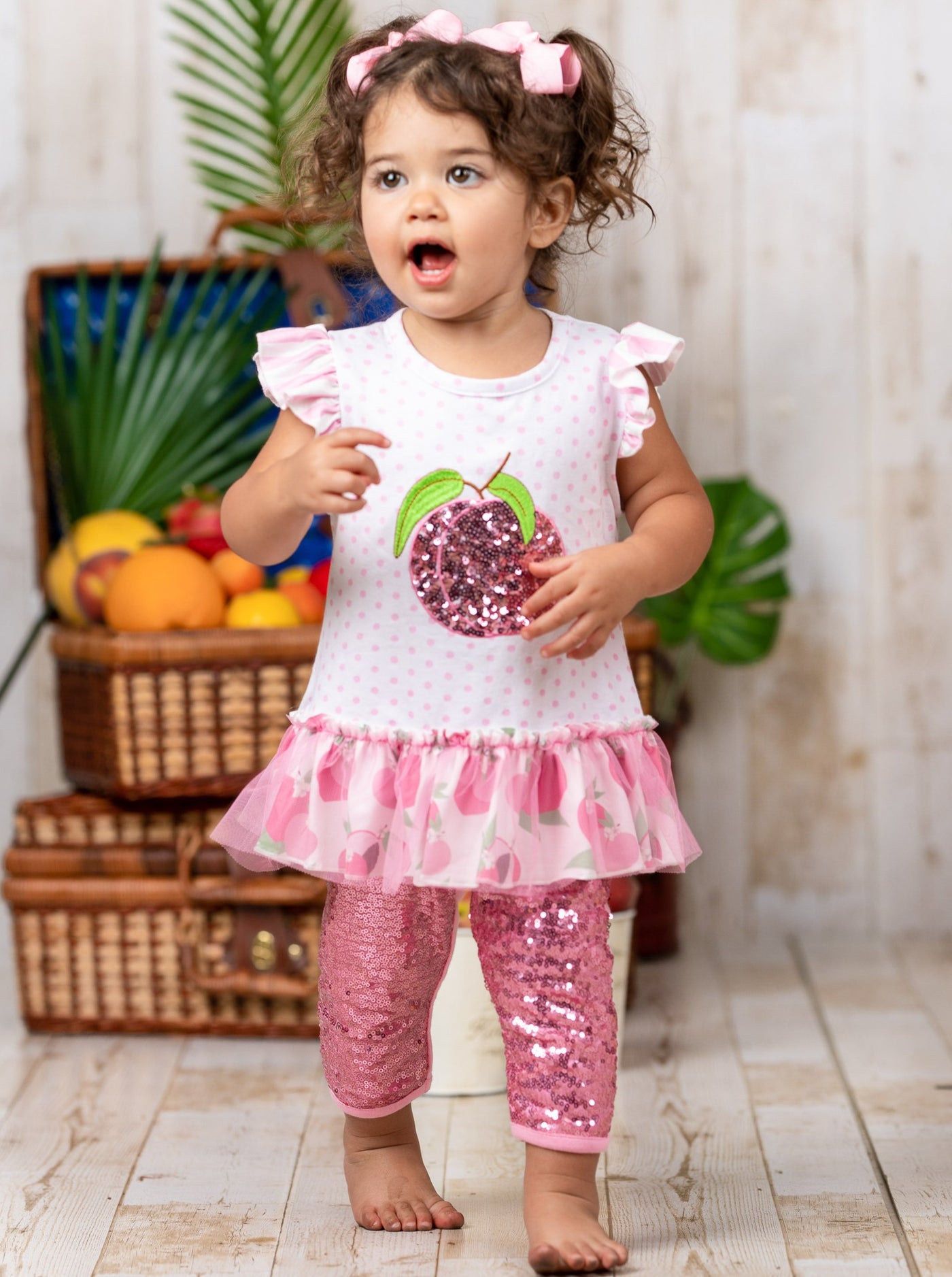 Girls Spring Outfits | Sequin Peach Polka Dot Top & Capris Legging Set