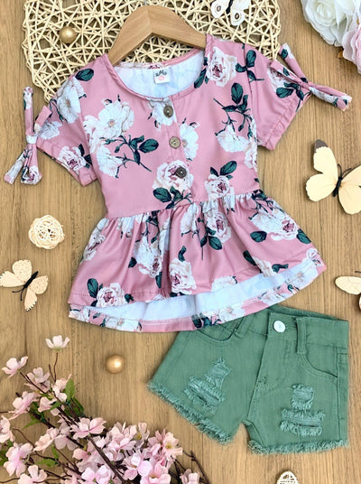 Girls Spring Outfits | Floral Peplum Top & Distressed Denim Shorts Set