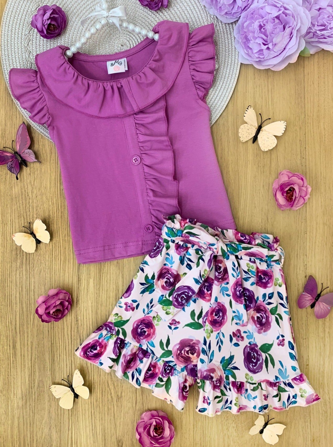 Girls Spring Outfits | Lilac Ruffle Top & Floral Paperbag Shorts Set