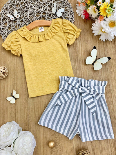 Toddler Spring Outfits | Girls Ruffle Bib Top & Striped Shorts Set ...