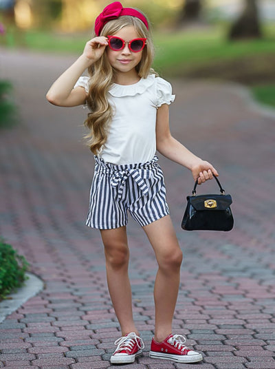 Toddler Spring Outfits | Girls Ruffle Bib Top & Striped Shorts Set