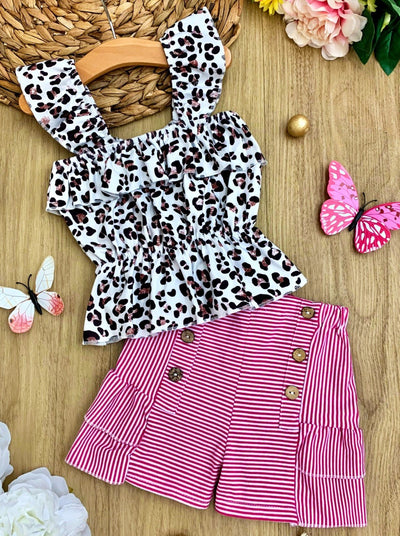 Girls Spring Outfits | Leopard Ruched Top & Striped Ruffle Shorts Set