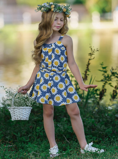 Girls Floral Button Down Tank Top and Skirt Set - Mia Belle Girls