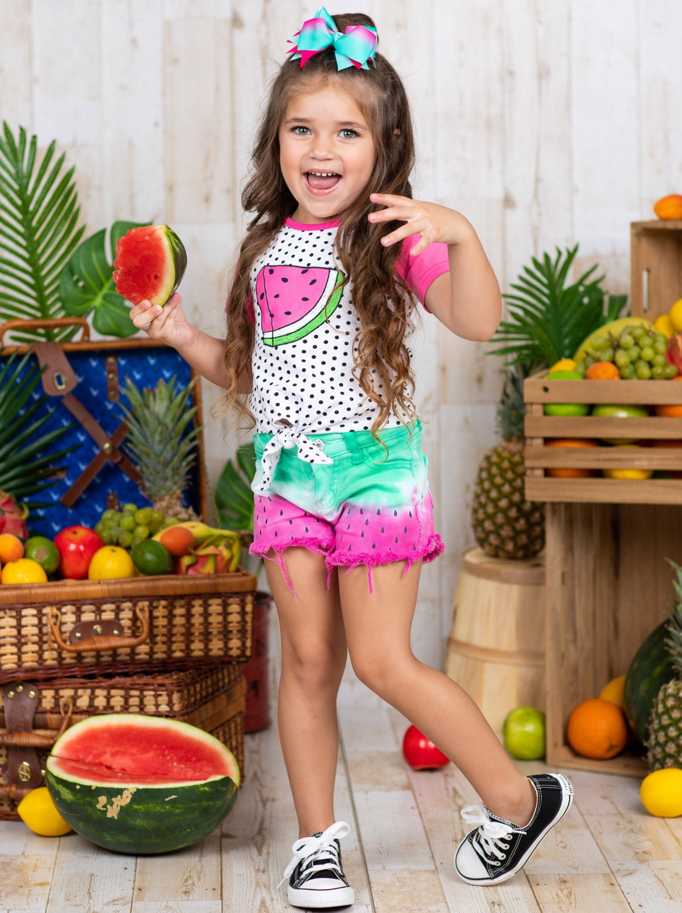 Girls Raglan Watermelon Polka Dot Knot Hem Top & Tie-Dye Shorts Set