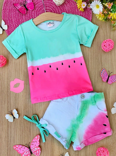 Girls Spring Outfits | Tie-Dye Watermelon Top & Denim Shorts Set