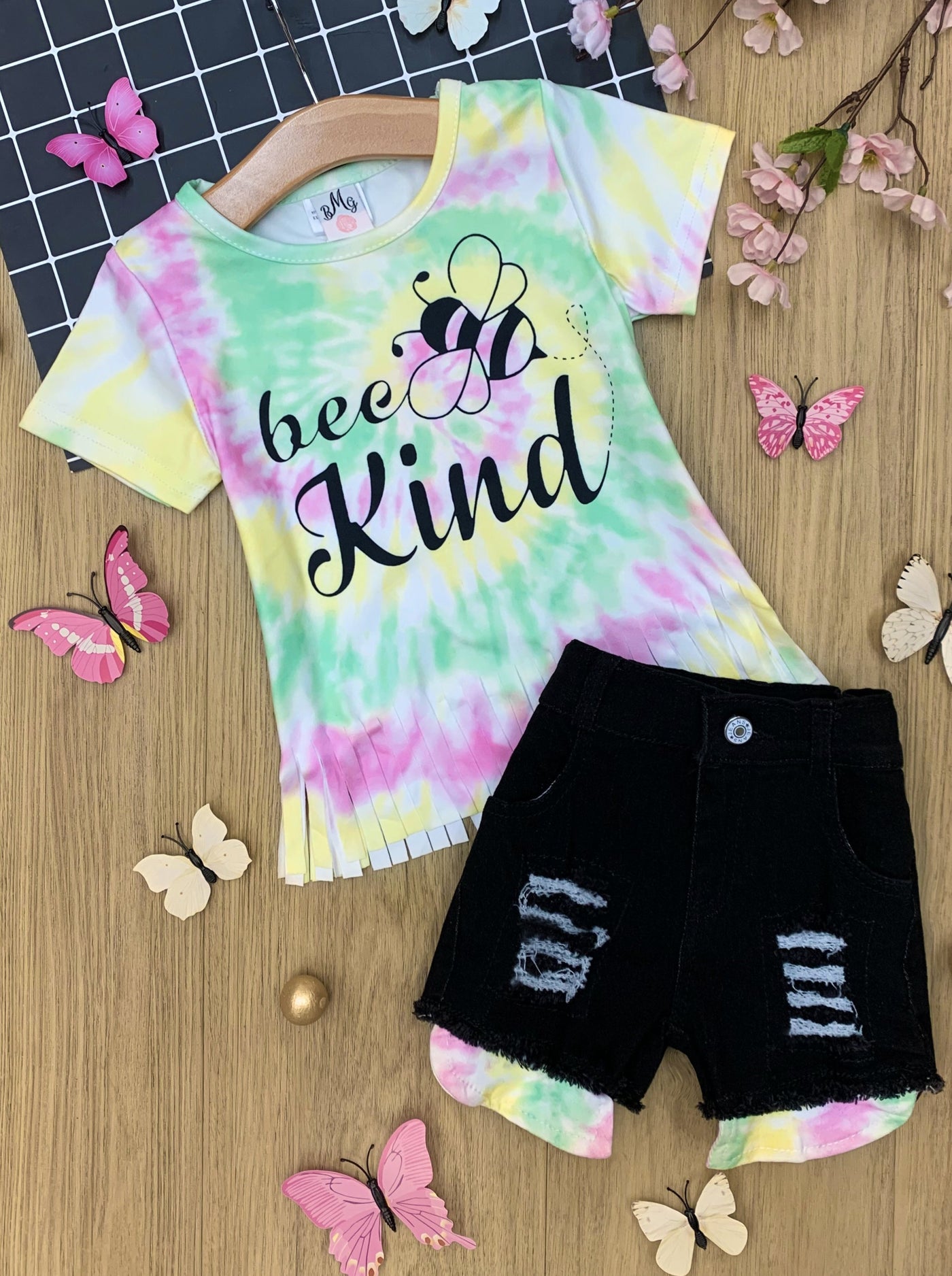 Girls Bee Kind Tie-Dye Top and Denim Shorts Set