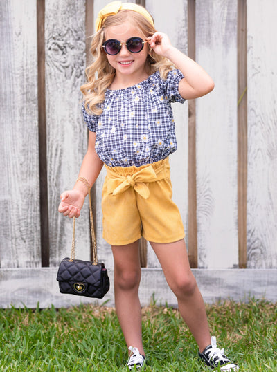 Spring Outfits | Girls Plaid Daisy Smocked Top & Paperbag Shorts Set