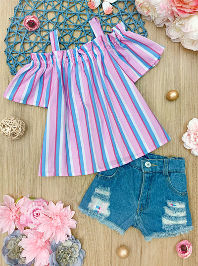 Kids Spring Clothes | Little Girls Striped Top & Denim Shorts Set