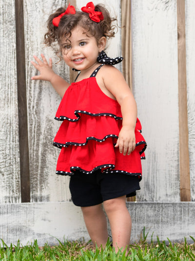 Girls set features a red top polka dot bow straps and three-tier ruffle hem and black shorts with stretchy waistband 2T -10Y