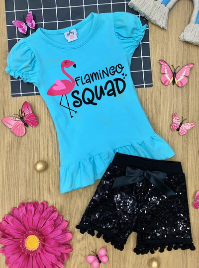 Girls set features a blue top with a Flamingo "Mermaid Squad" Top and black sequin shorts with sash