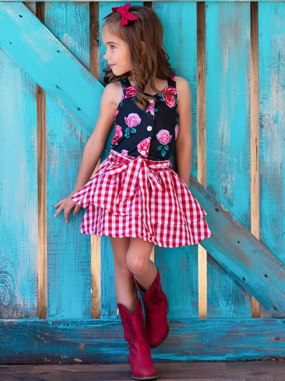 Girls Spring Outfits | Black Floral Top & Red Plaid Tiered Skirt Set