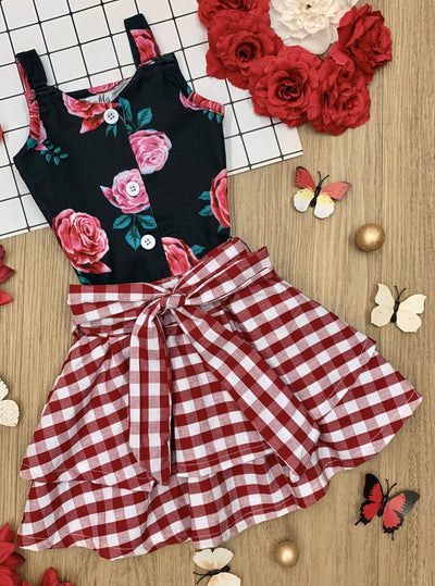 Girls Spring Outfits | Black Floral Top & Red Plaid Tiered Skirt Set