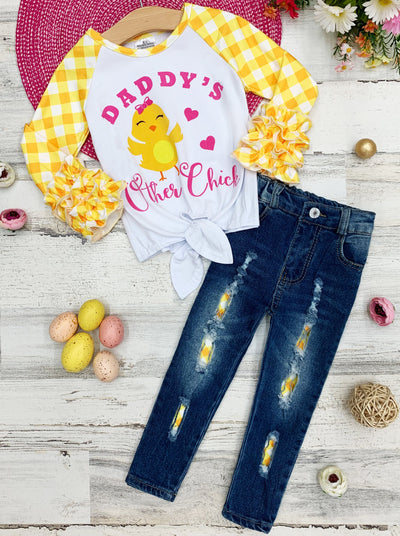 Girls Spring set set features a plaid raglan sleeve ruffle cuff  top with Daddy's Other Chic graphic and knotted hem with distressed patched jeans for 2T to 10Y for toddlers and girls