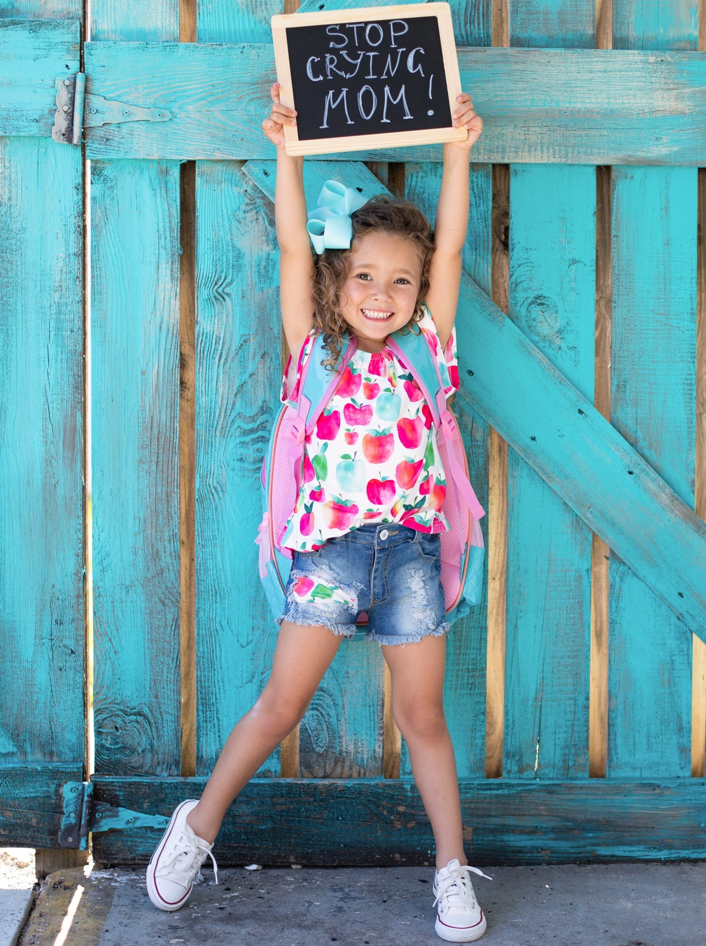First Day of School Apple Top & Patched Denim Shorts | Mia Belle Girls