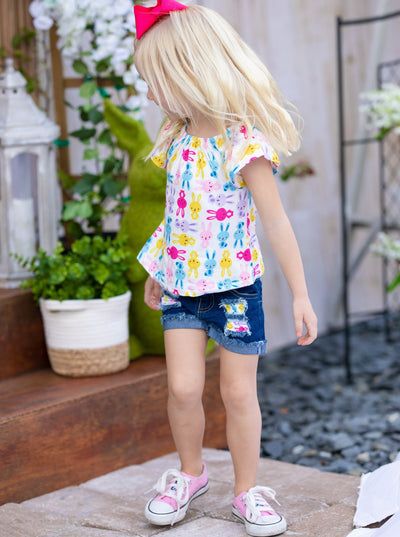 Girls The Bunny Crew Top and Denim Shorts with Sash Set