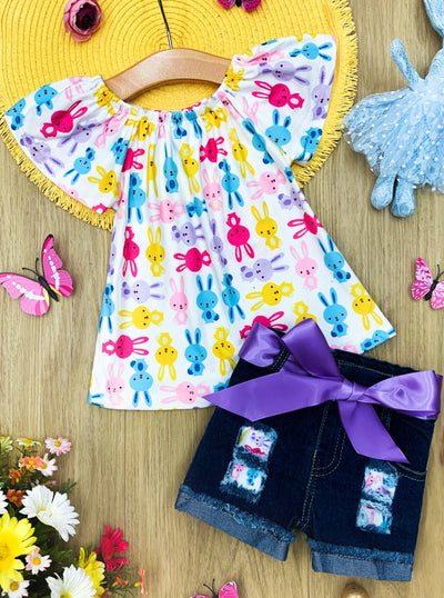 Girls Bunny Top and Denim Shorts Set with Sash Easter and Spring 2T-10Y