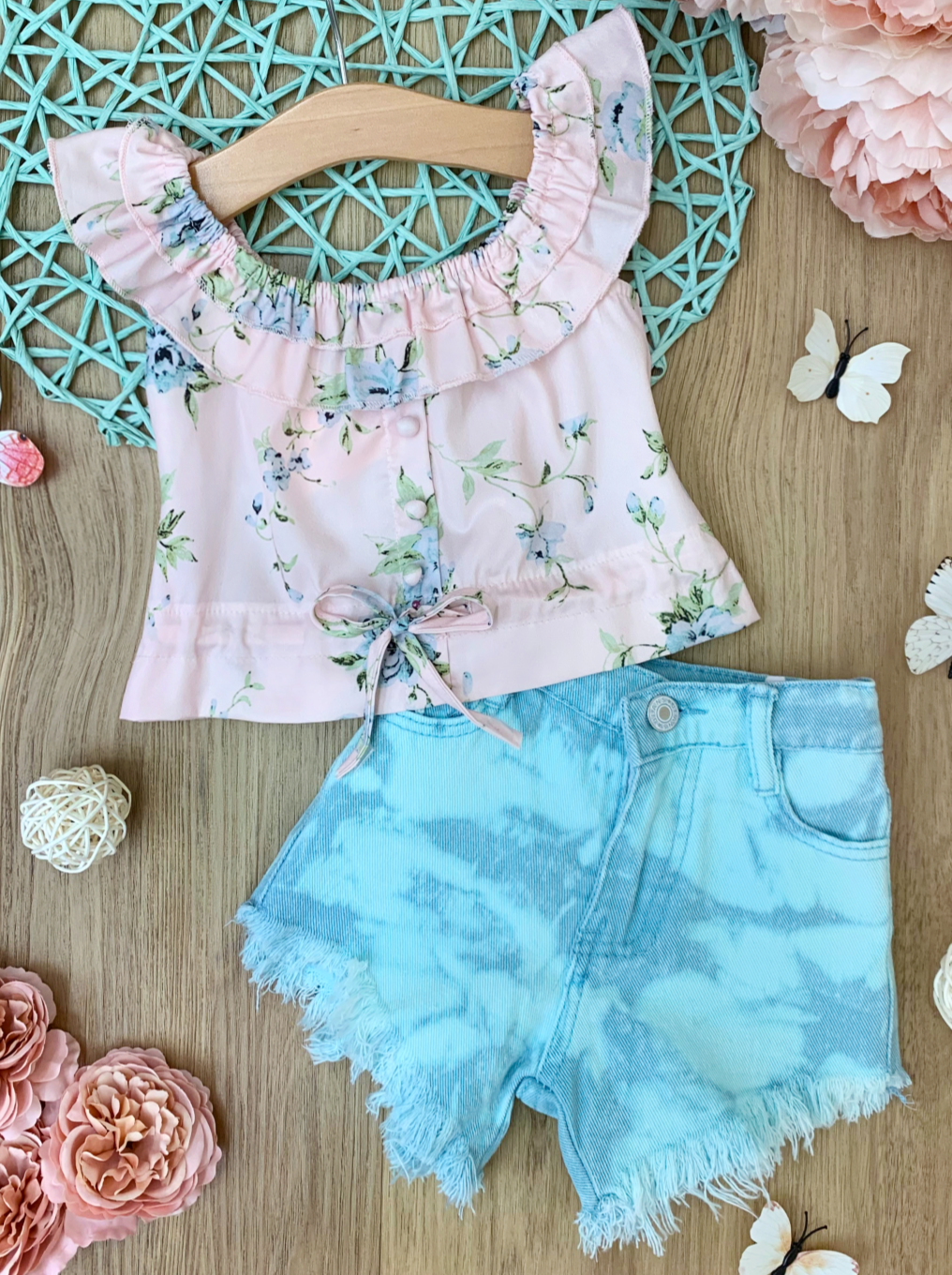 Little girls floral ruffle top with faux buttons, drawstring at the waist, and washed-out denim shorts - Mia Belle Girls
