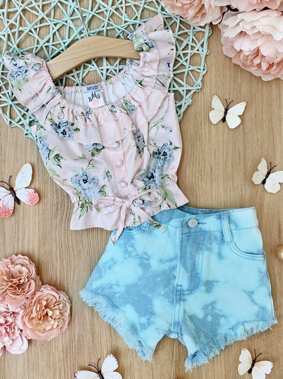 Girls Floral Top and Washed Out Denim Short Set - Mia Belle Girls