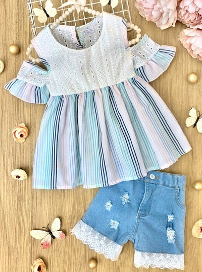 Little girls cold-shoulder striped top with eyelet lace bodice and distressed denim shorts with lace hem - Mia Belle Girls