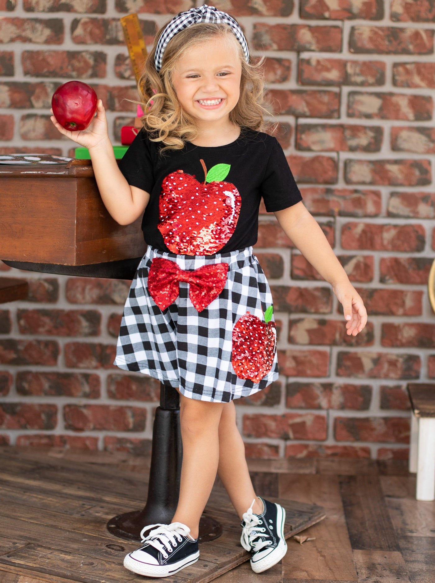 Like Them Apples Reversible Sequin Top & Plaid Skirt Set - Back To School - Mia Belle Girls
