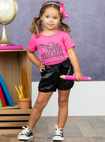 Little Girls Hello Preschool Top & Sequin Shorts Set | Mia Belle Girls
